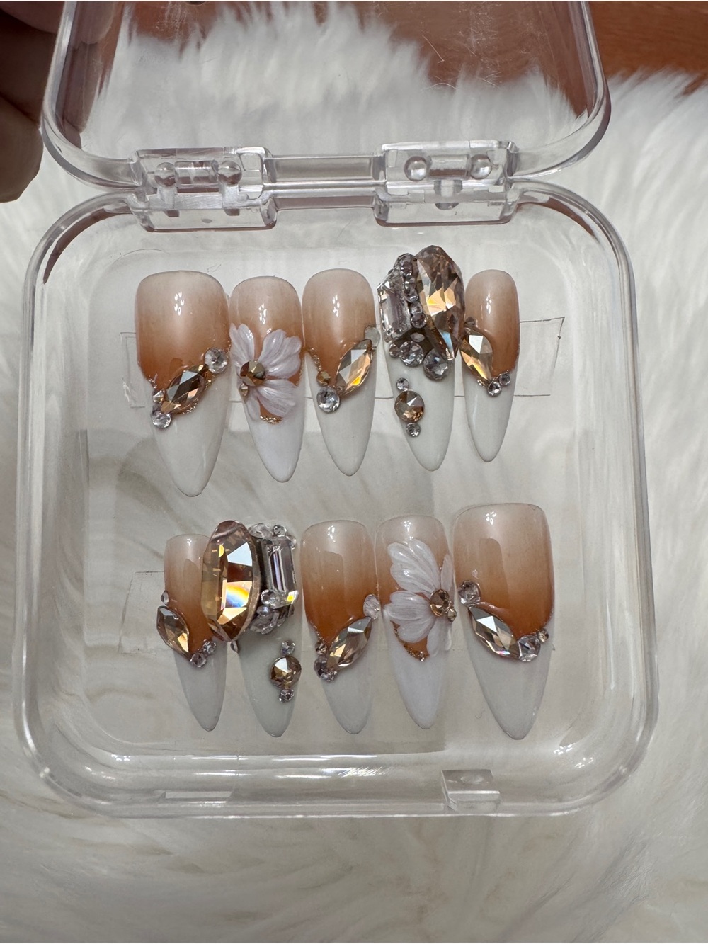 Neutral Ombre Rhinestone Press-On Nail Set with Floral Accents